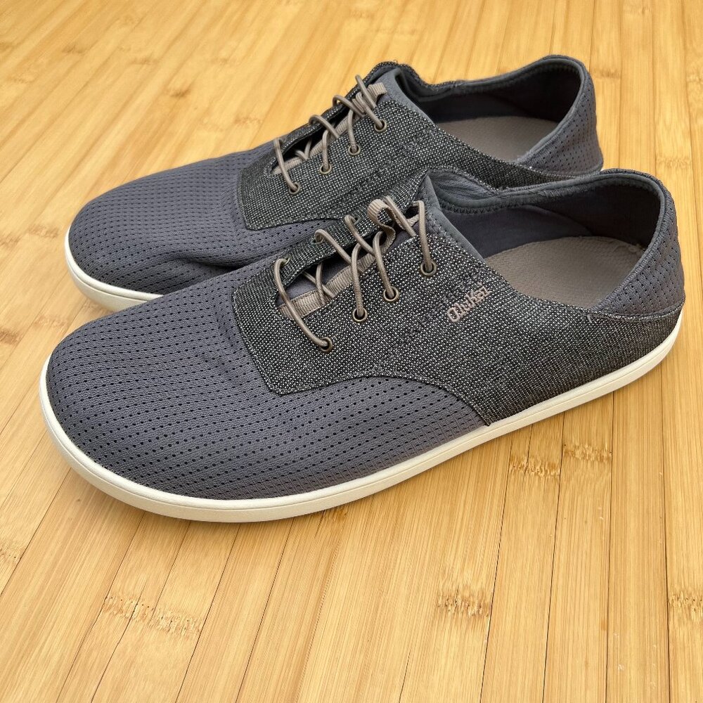 OluKai Men's Nohea Moku Grey sneakers with drop heel grey perforated front 44.5‎